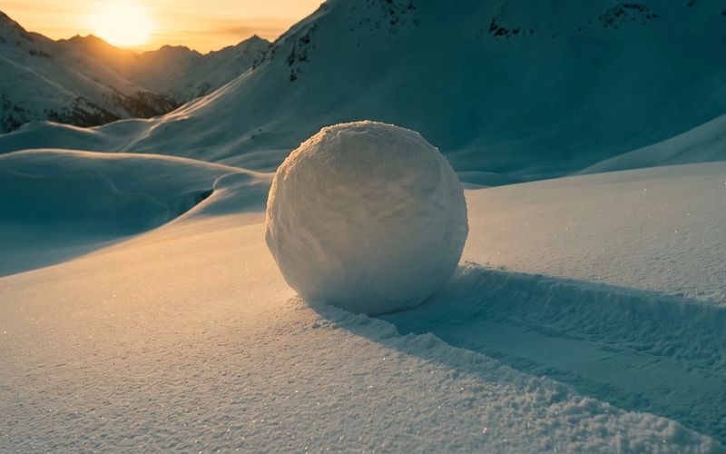A large snowball resting on a snowy slope at sunset, a rolled track in the snow behind it, mountains glowing amber in the distance.