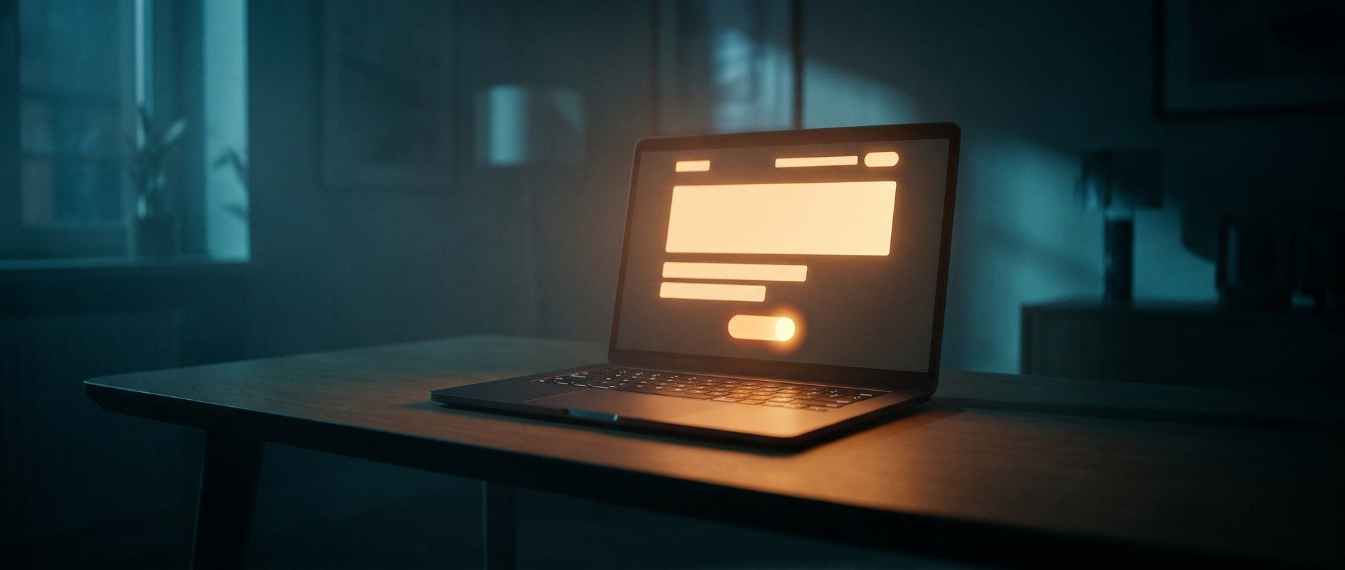 A laptop on a dark desk showing a lit landing page hero section with a single button