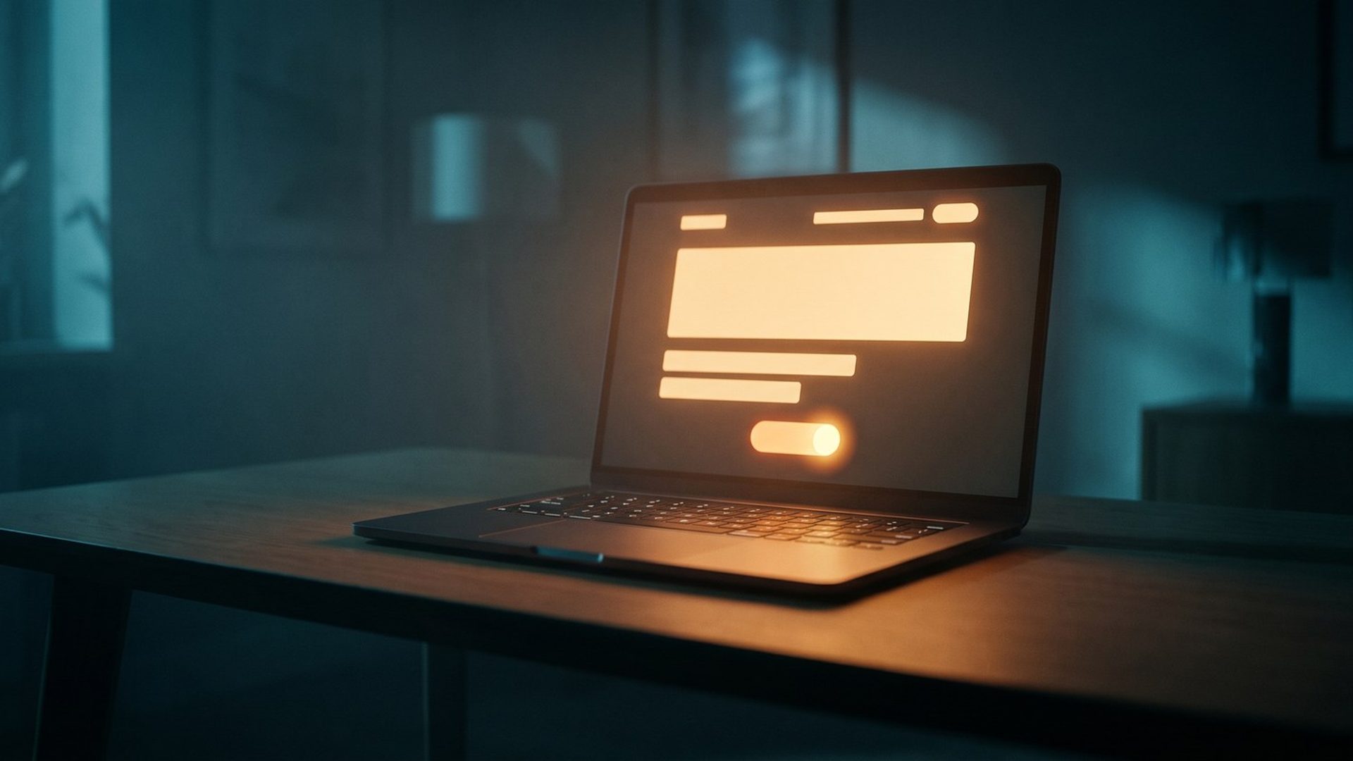 A laptop on a dark desk showing a lit landing page hero section with a single button