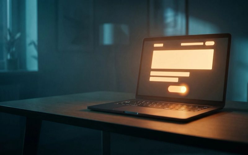 A laptop on a dark desk showing a lit landing page hero section with a single button