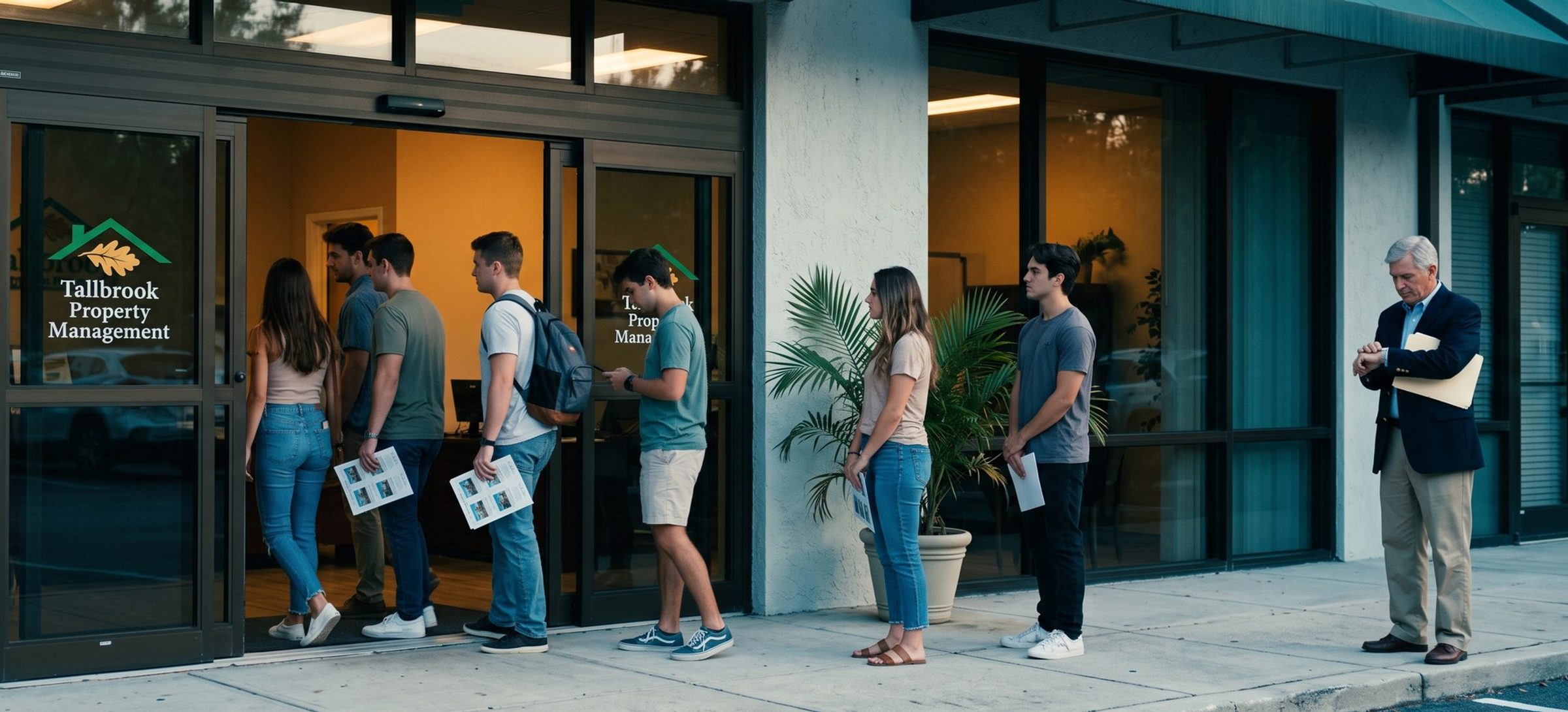 Young renters holding printed apartment listings file through the open glass sliding doors of the Tallbrook Property Management office while a gray-haired owner with a folder waits at the end of the line, checking his watch