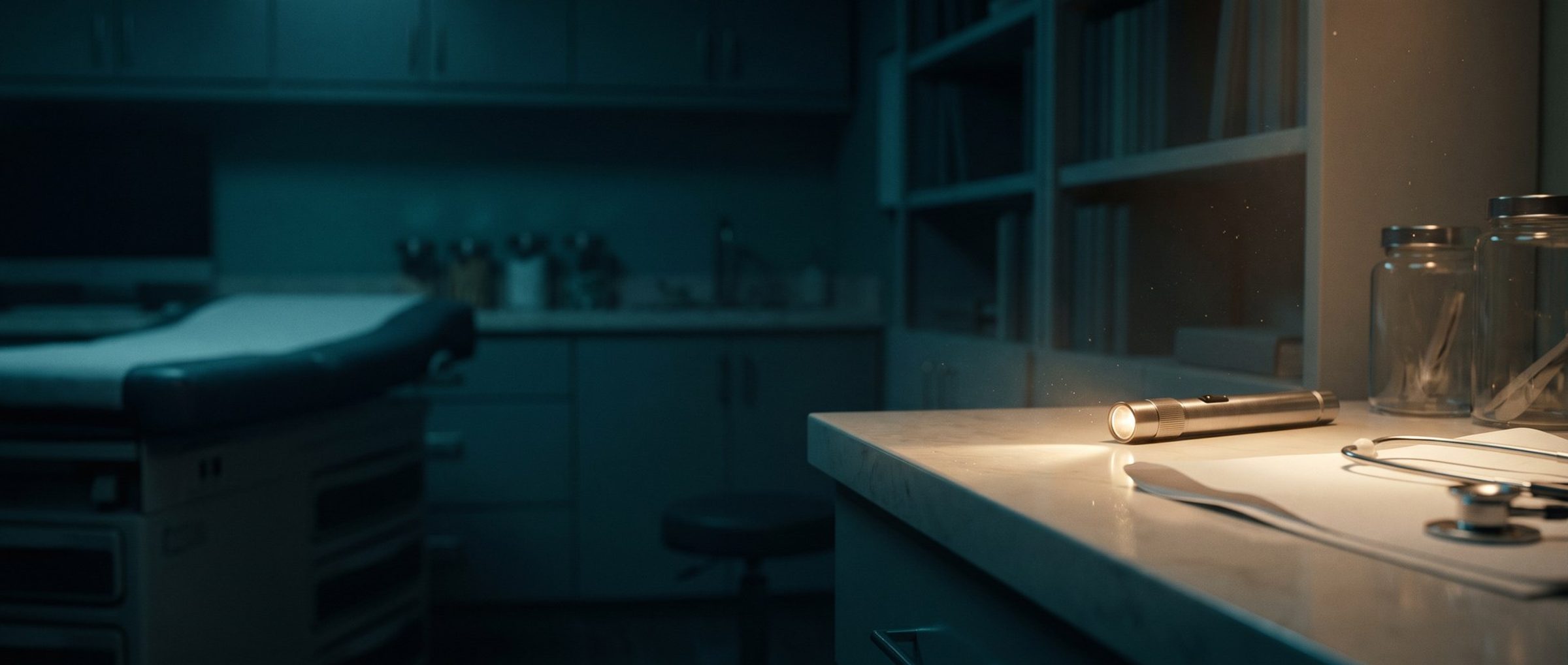 A slim steel penlight switched on and lying on the counter of a darkened exam room, its glow lighting a small patch of counter while the exam table, cabinets and shelves fade into teal shadow