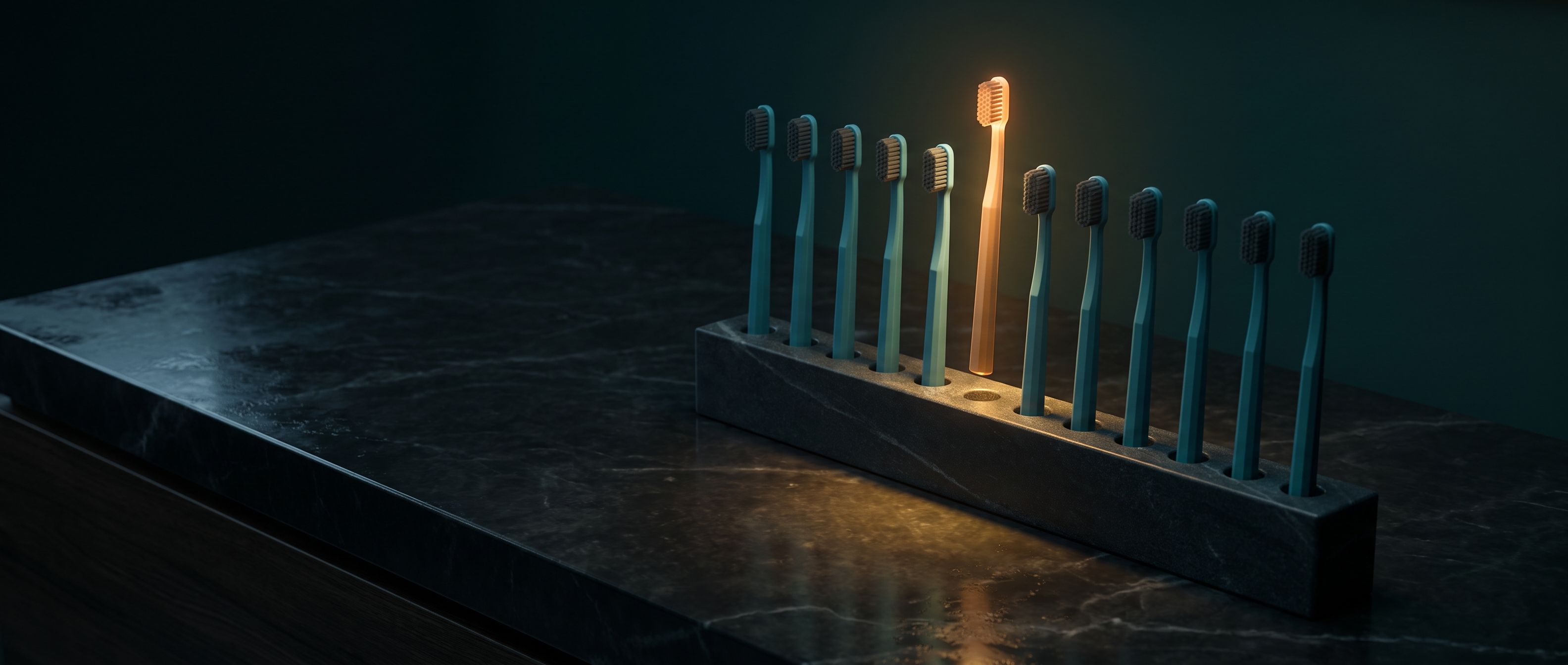 A row of teal toothbrushes in a stone holder with one amber-lit toothbrush standing taller than the rest