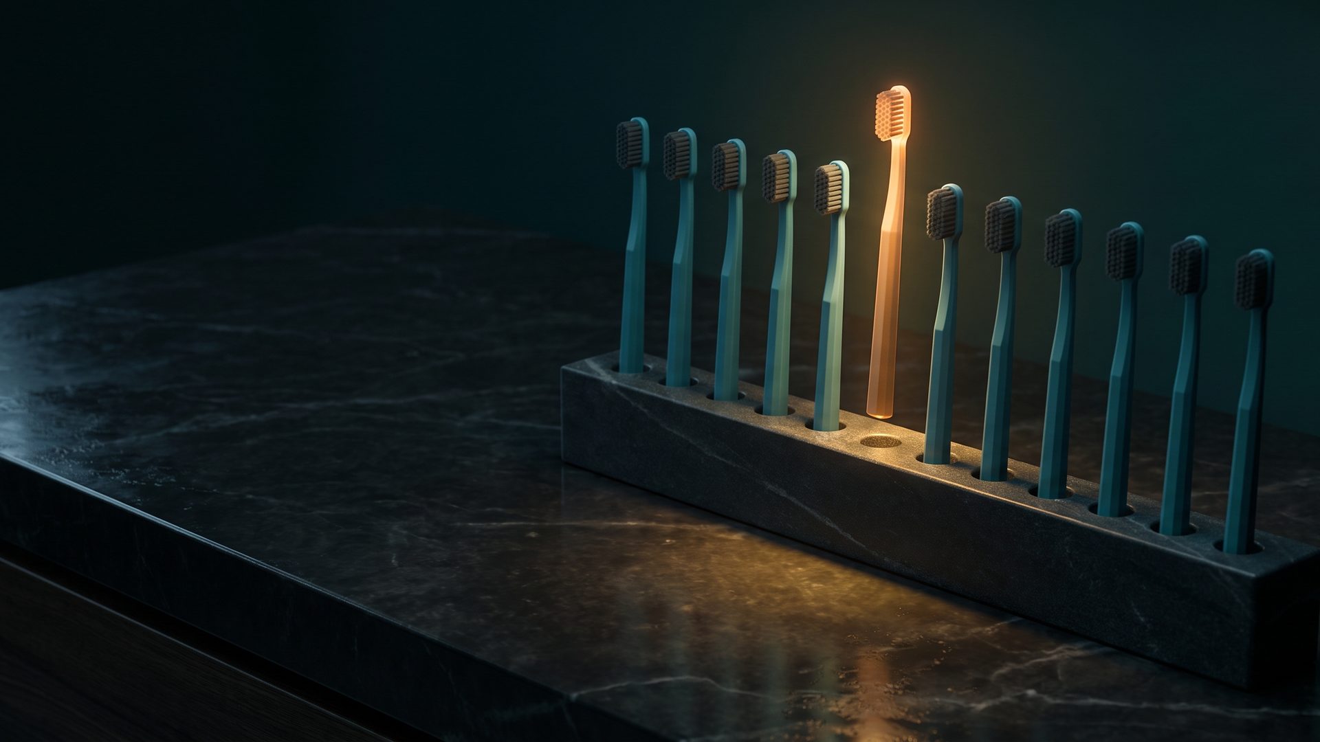 A row of teal toothbrushes in a stone holder with one amber-lit toothbrush standing taller than the rest