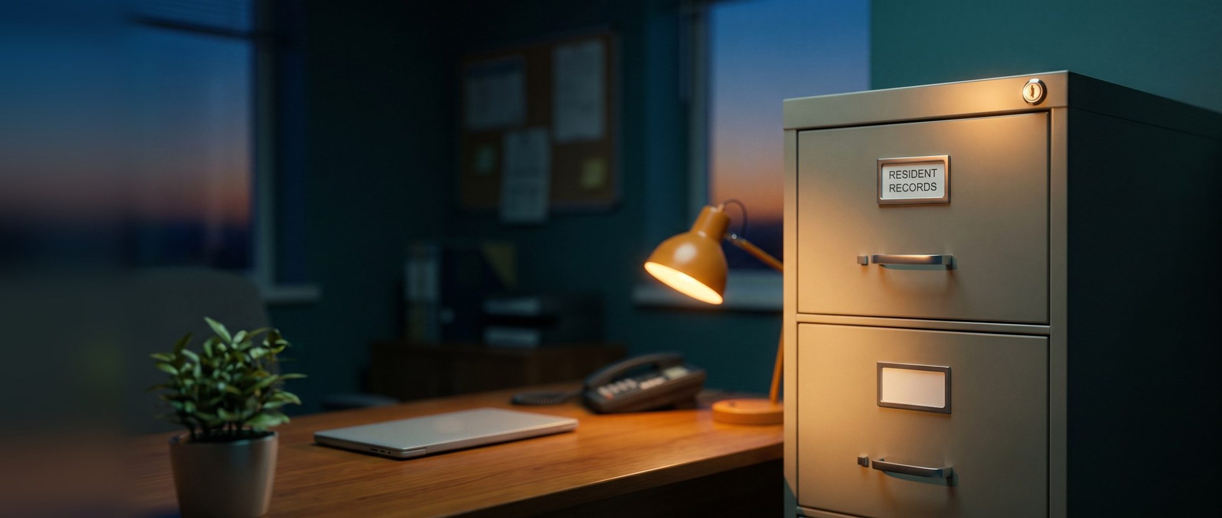 A steel filing cabinet in a nursing home admissions office at dusk, its top drawer labeled Resident Records and locked with no key in sight, lit by a warm desk lamp beside a desk with a closed laptop and a phone