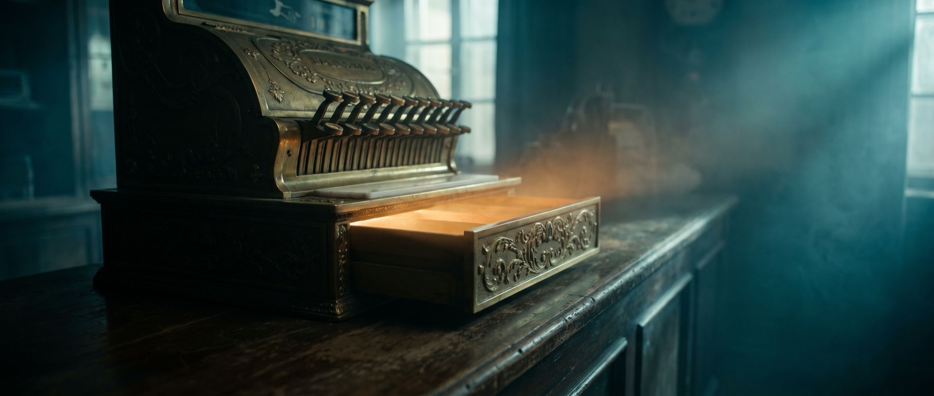 A vintage brass cash register with its drawer sliding open, warm amber light glowing from inside, against deep teal shadow