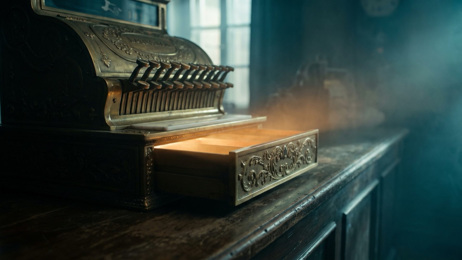 A vintage brass cash register with its drawer sliding open, warm amber light glowing from inside, against deep teal shadow