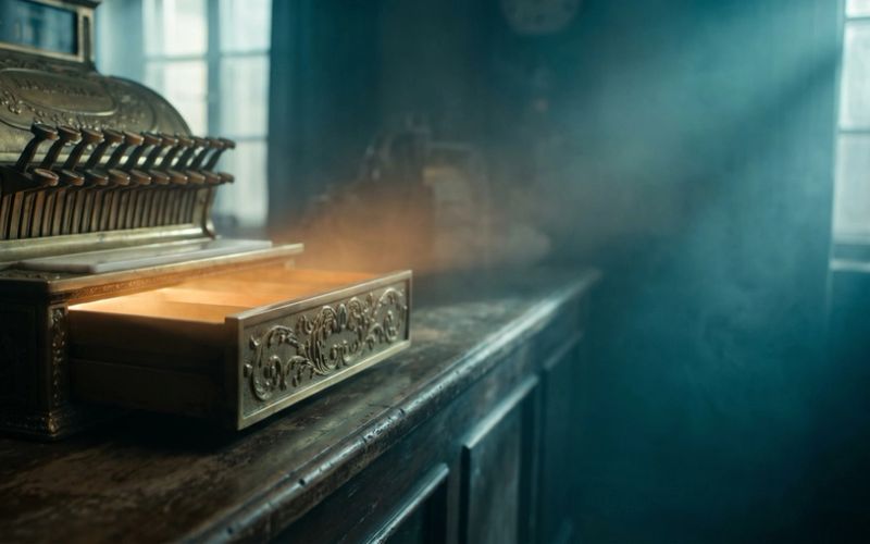 A vintage brass cash register with its drawer sliding open, warm amber light glowing from inside, against deep teal shadow