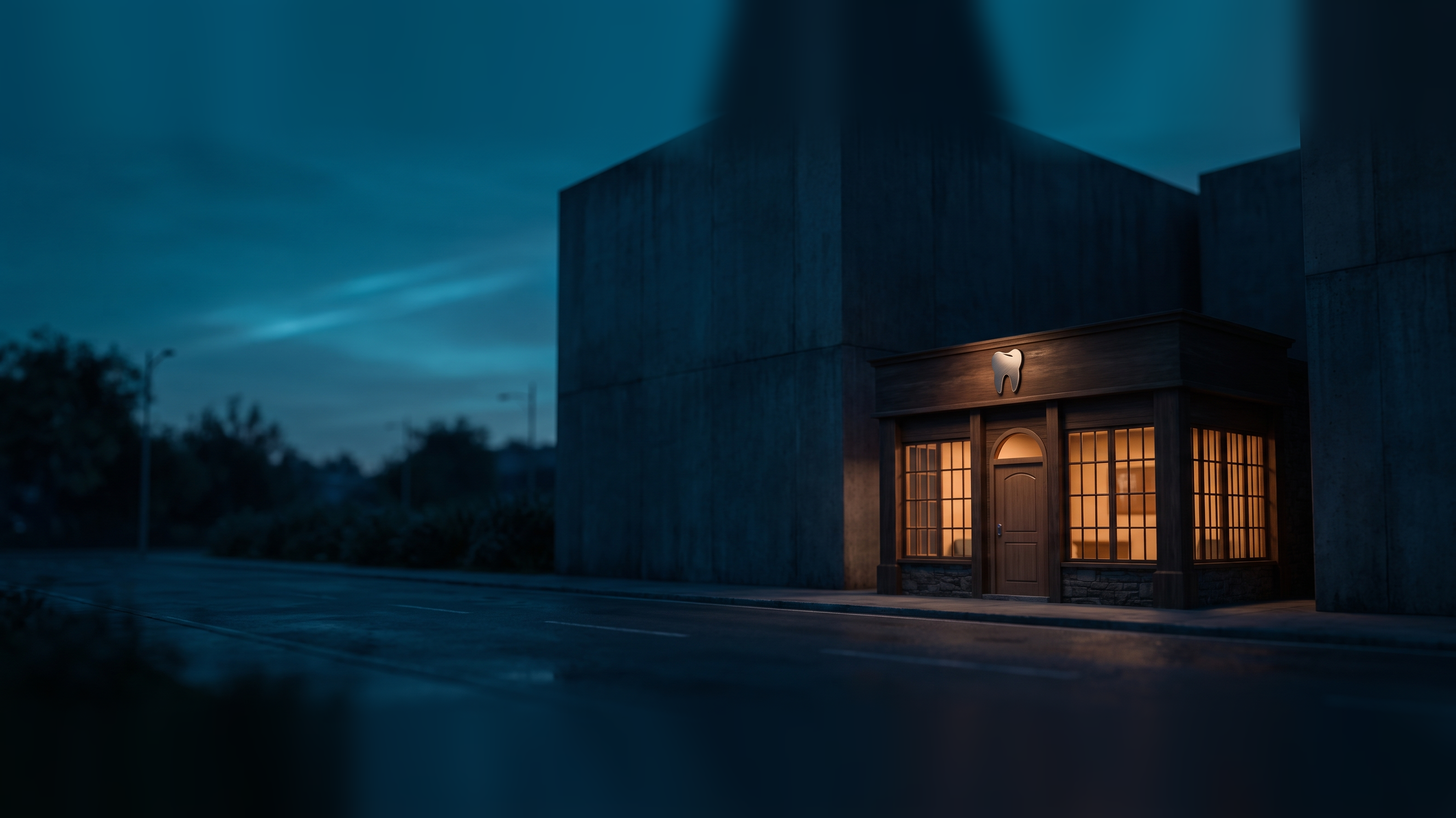 A small independent dental office glowing warm amber at dusk between two large dark buildings