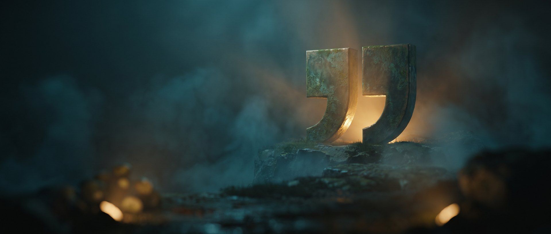 A large sculptural quotation mark lit like a monument in warm amber light against deep teal - the testimonial made monumental.