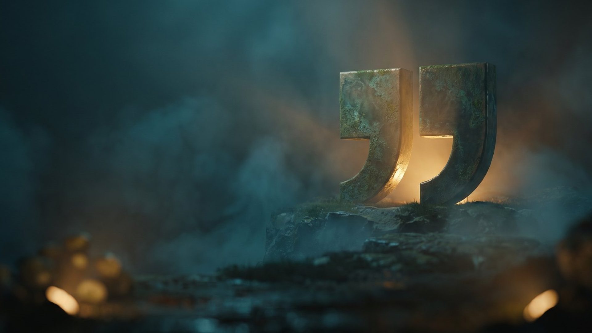 A large sculptural quotation mark lit like a monument in warm amber light against deep teal - the testimonial made monumental.