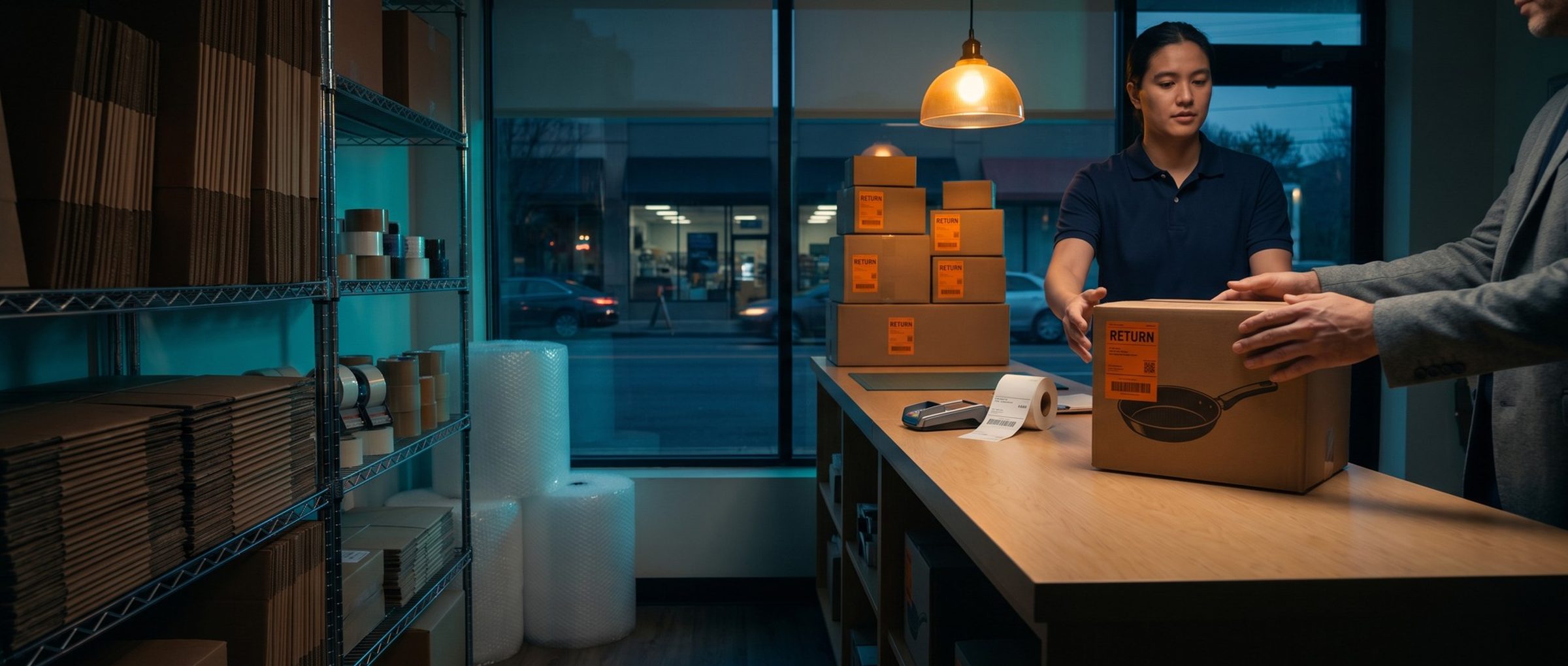 At a shipping store counter at dusk, a customer slides a box printed with a frying pan and an orange RETURN label to a clerk, with a stack of other boxes with the same orange labels behind the counter