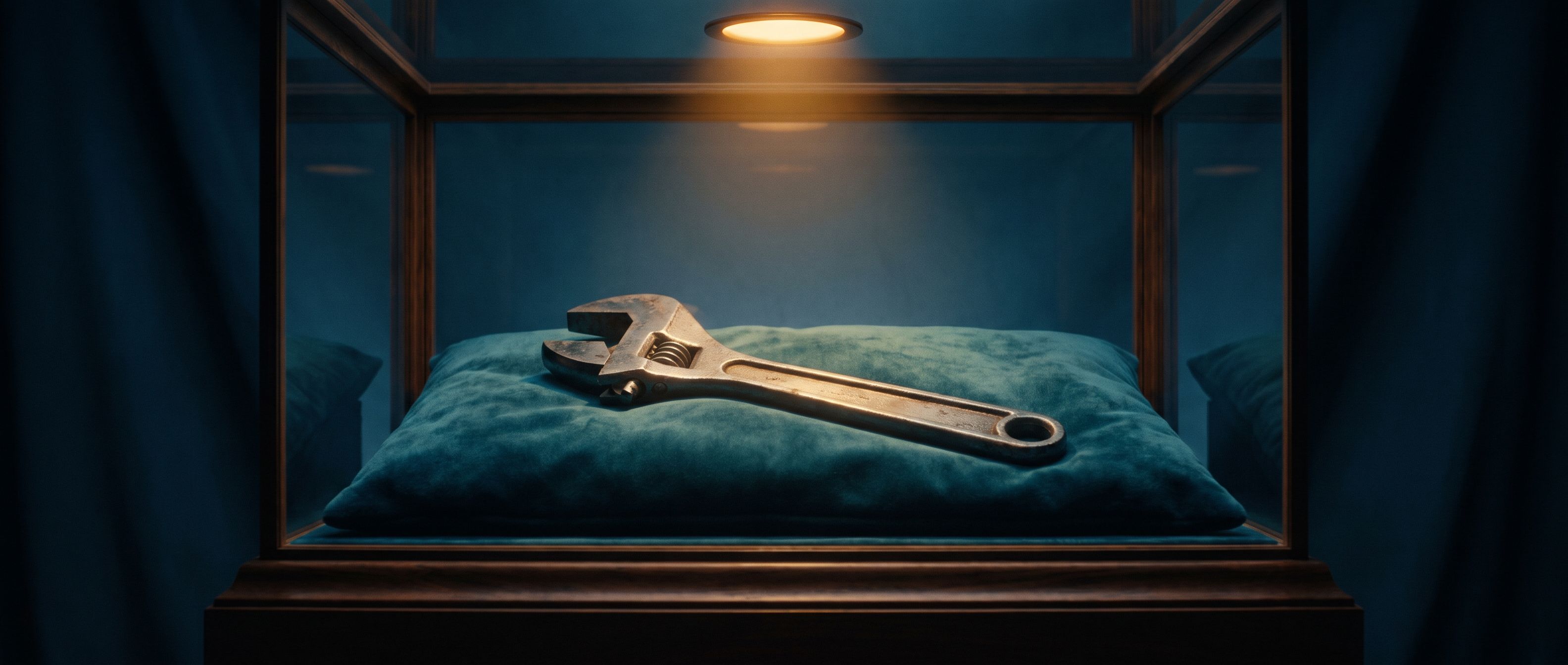 A heavy steel adjustable wrench resting on a teal velvet cushion inside a lit glass museum display case, presented like a precious artefact