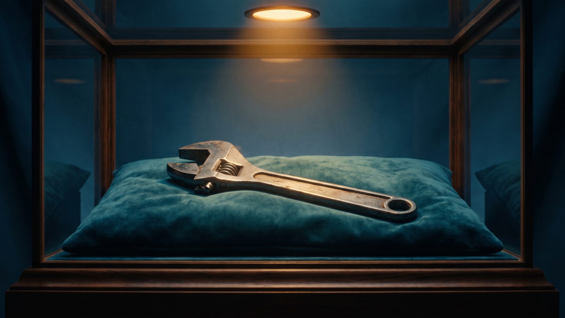 A heavy steel adjustable wrench resting on a teal velvet cushion inside a lit glass museum display case, presented like a precious artefact