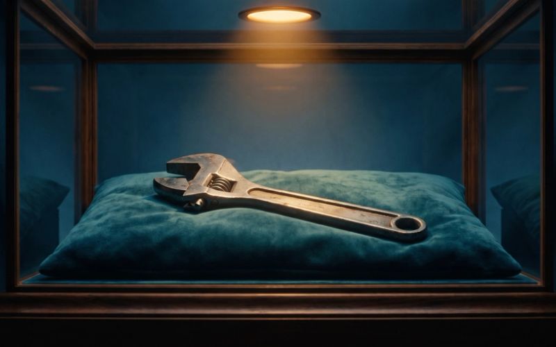 A heavy steel adjustable wrench resting on a teal velvet cushion inside a lit glass museum display case, presented like a precious artefact