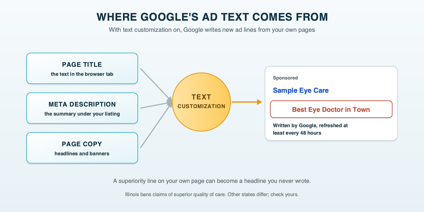 A pipeline showing where Google's automatically written ad text comes from: a practice's page title, meta description and page copy feed Google's text customization, which writes new headlines into the ad, with one example headline, "Best Eye Doctor in Town," flagged as a claim some state boards restrict