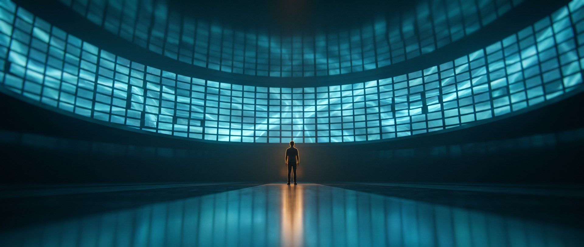 A lone figure standing small before an immense towering wall of thousands of identical glowing screens - the flood of infinite AI-made ad creative.