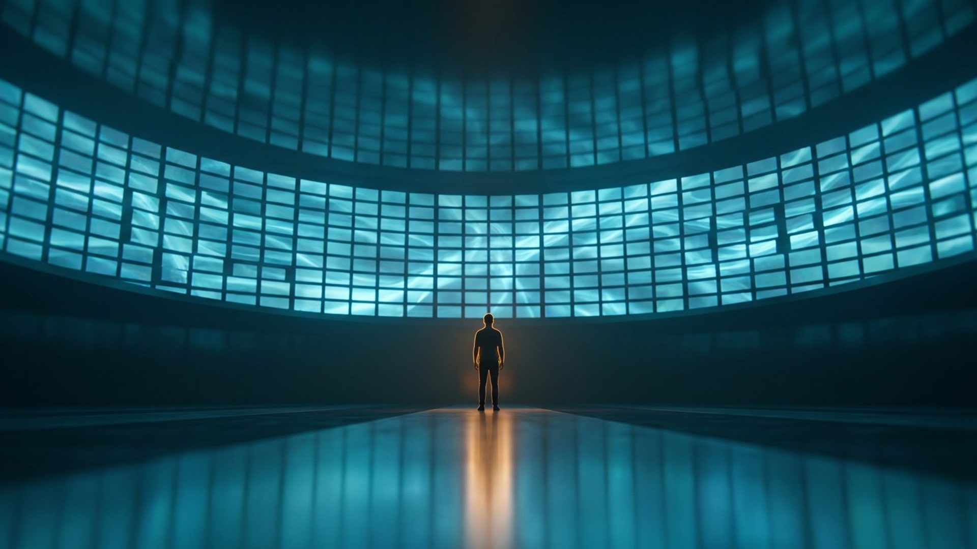 A lone figure standing small before an immense towering wall of thousands of identical glowing screens - the flood of infinite AI-made ad creative.