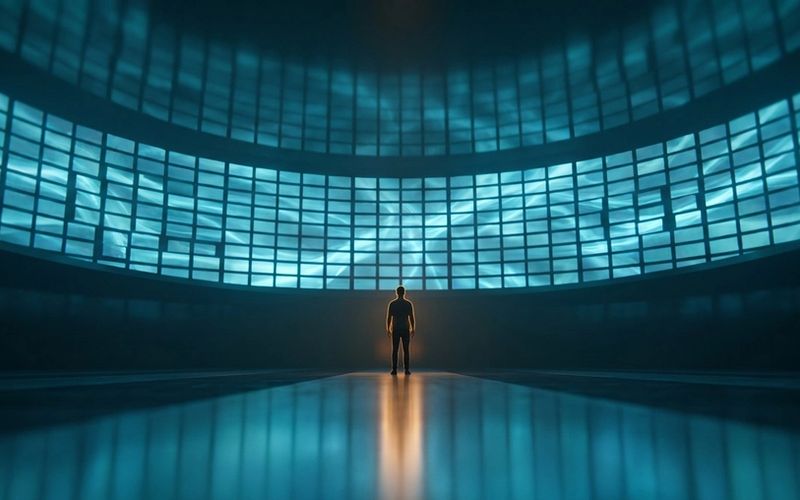 A lone figure standing small before an immense towering wall of thousands of identical glowing screens - the flood of infinite AI-made ad creative.