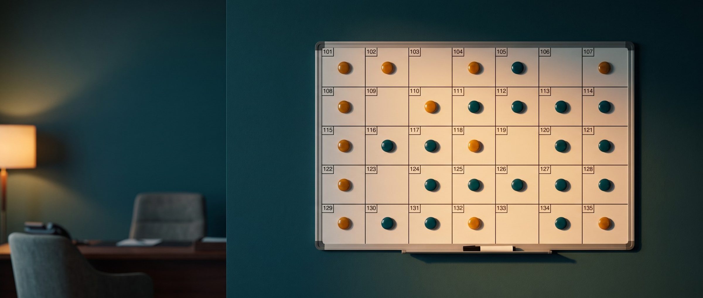 A census whiteboard on a teal wall in a nursing home admissions office, a grid of rooms numbered 101 to 135 filled with amber and teal magnets and a few empty cells, a desk lamp glowing on the left
