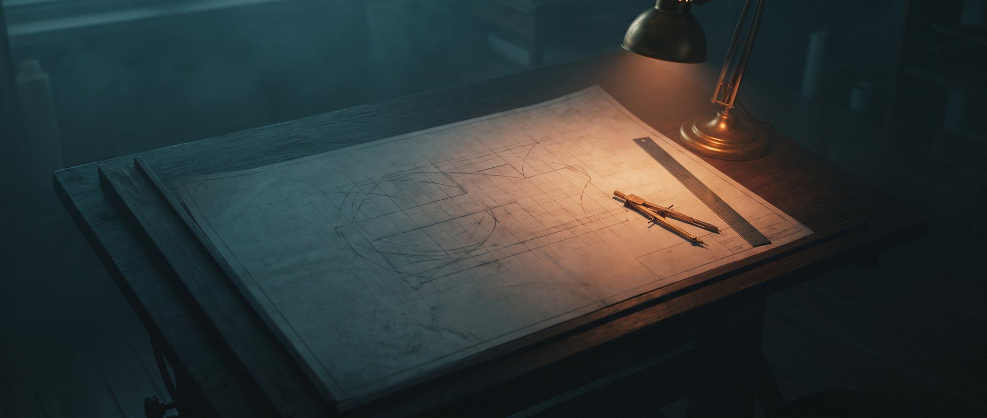 An architect's blueprint lit by a warm amber drafting lamp on a dark drafting table -- a deliberate plan, not arty inspiration.