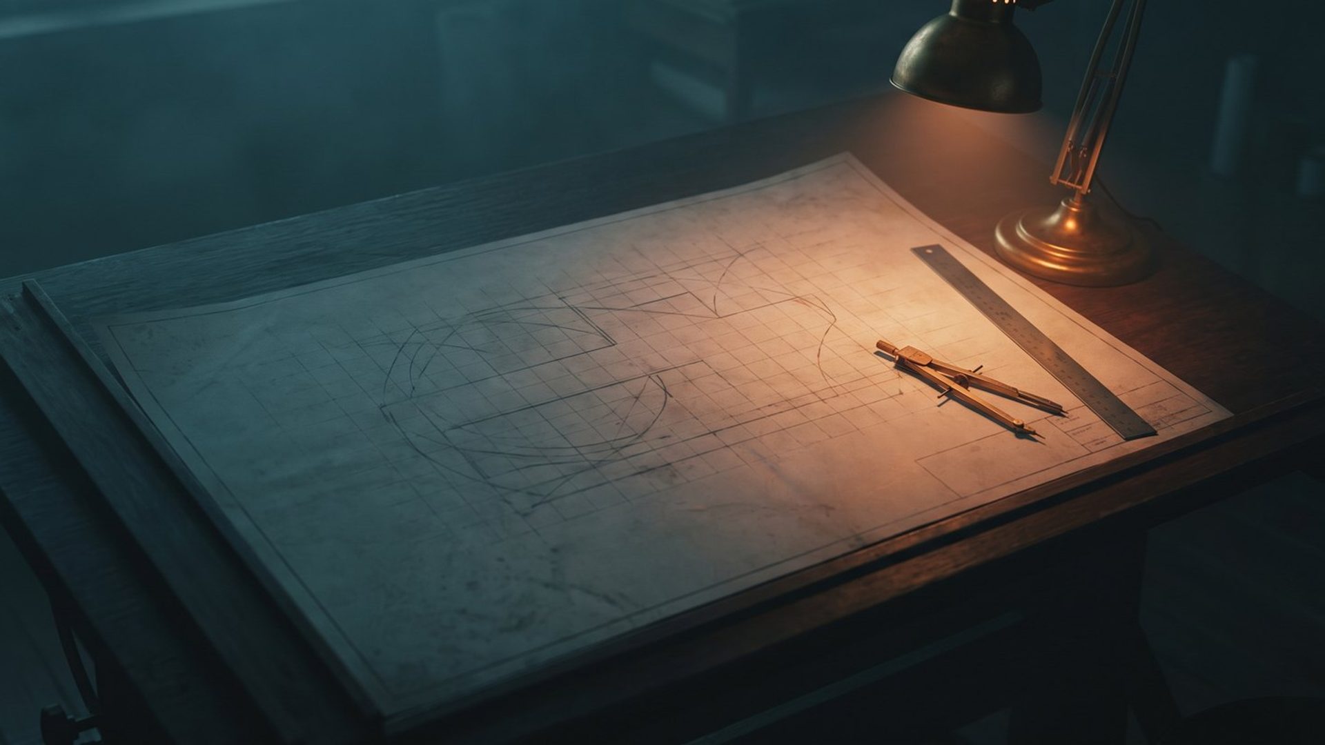 An architect's blueprint lit by a warm amber drafting lamp on a dark drafting table -- a deliberate plan, not arty inspiration.