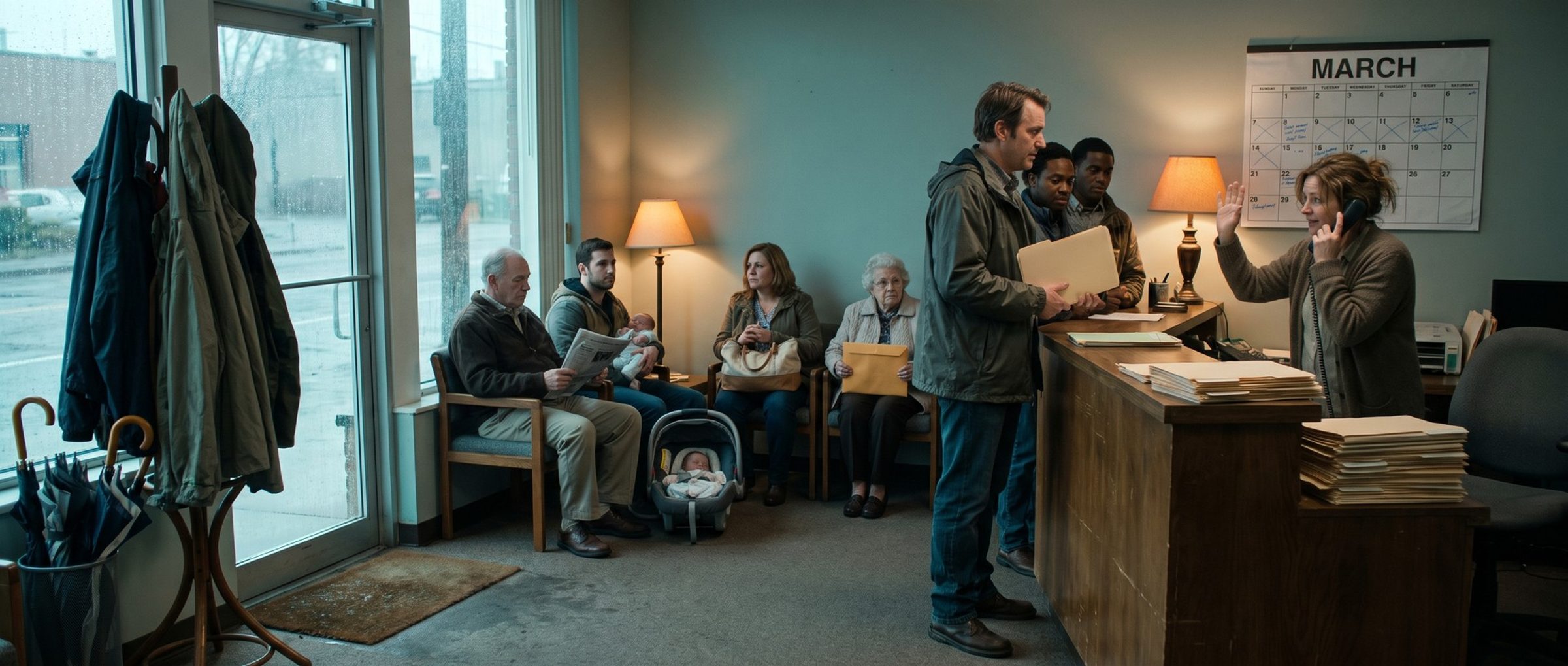 The crowded front room of a small tax office on a rainy afternoon: every waiting chair taken by clients holding folders and envelopes, three people standing at the counter, and a staff member on the phone raising a hand to greet the next client beside stacks of folders and a wall calendar reading March