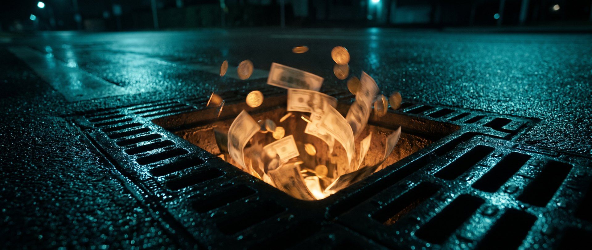 Money swirling down a storm drain on a wet city street at night, a picture of a wasted ad budget