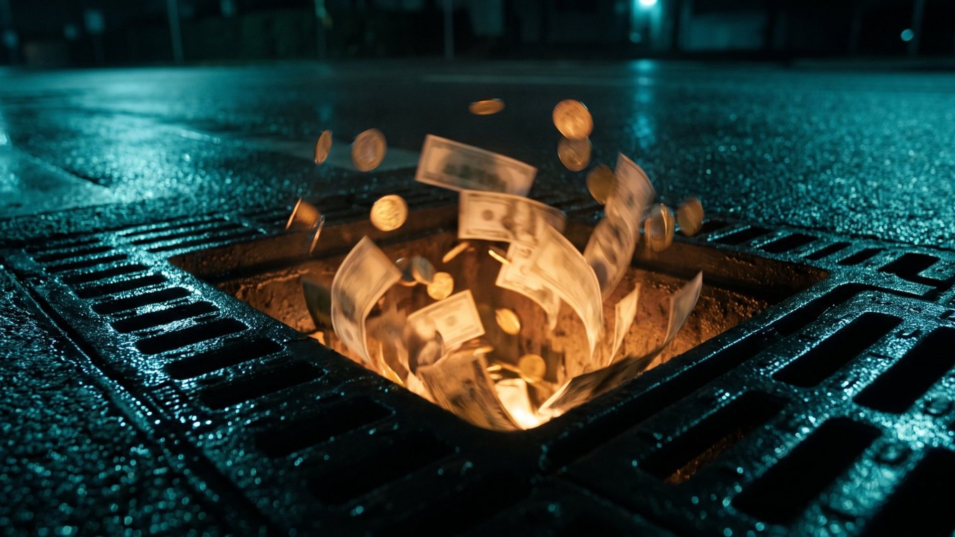 Money swirling down a storm drain on a wet city street at night, a picture of a wasted ad budget