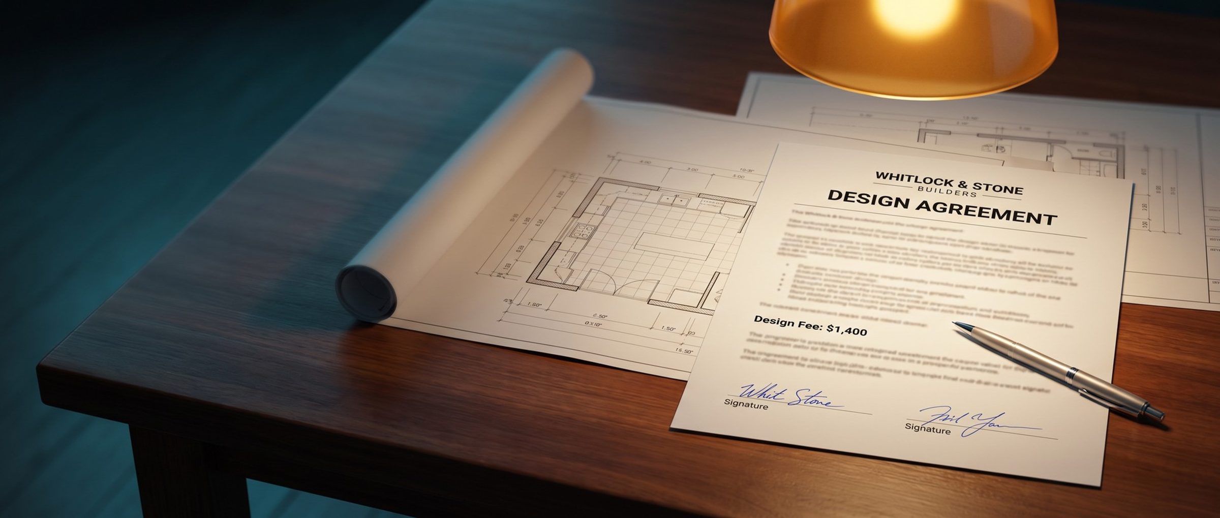 A signed design agreement with a $1,400 design fee and a pen, lying on unrolled kitchen blueprints on a dining table under a pendant lamp
