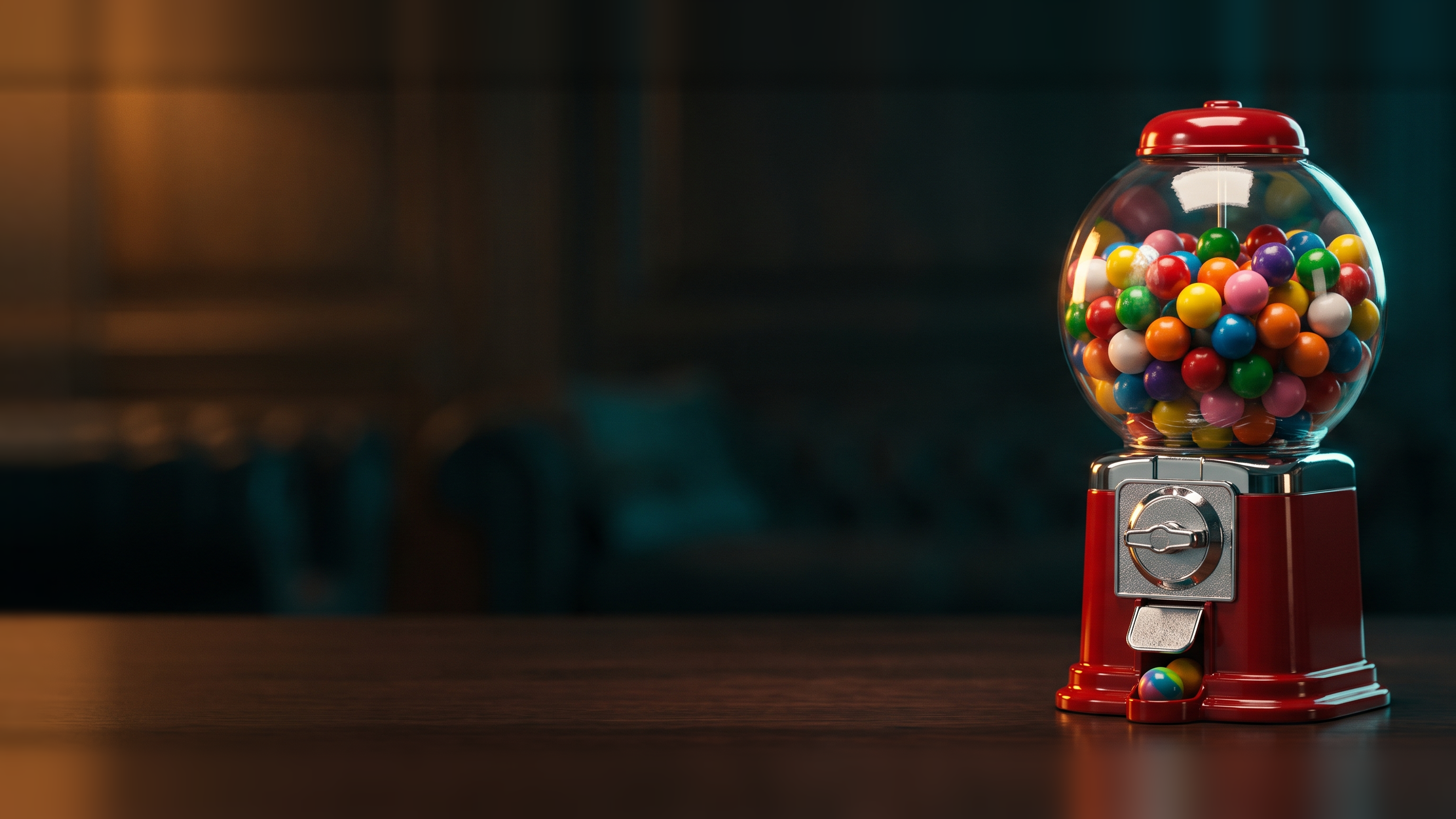 A classic red gumball machine with a glass globe full of multicolored gumballs, one gumball just dropped behind the flap at its base