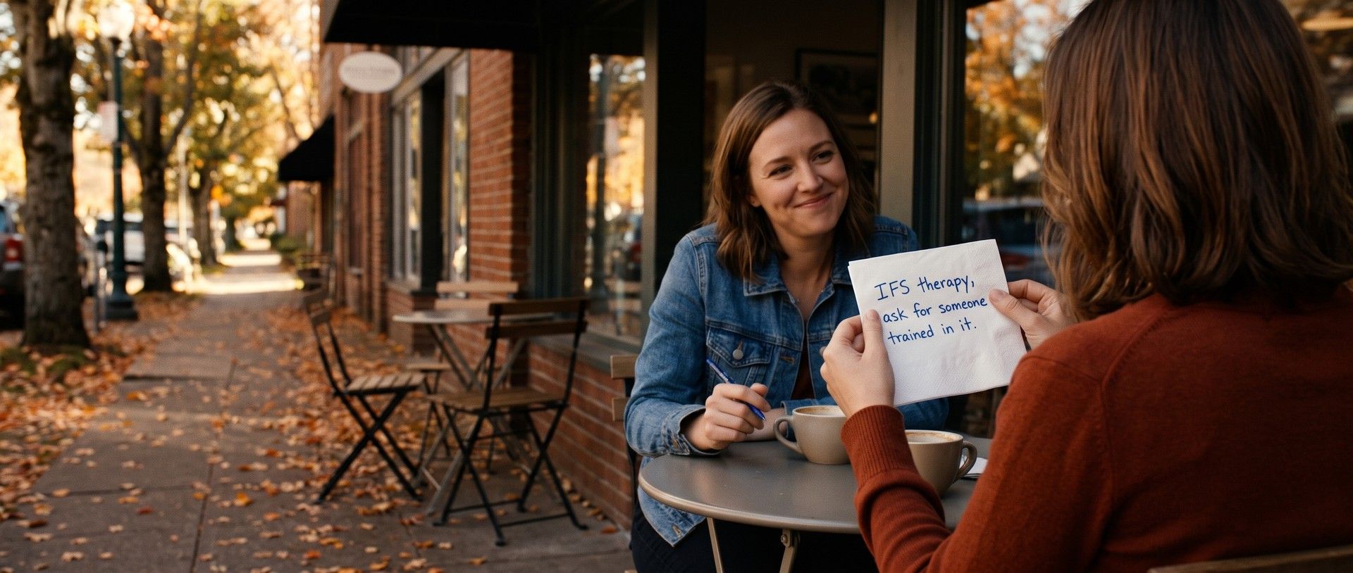 Over a woman's shoulder at an outdoor cafe table on a fall afternoon, she reads a paper napkin that says IFS therapy, ask for someone trained in it, while her friend across the table smiles with a pen in hand