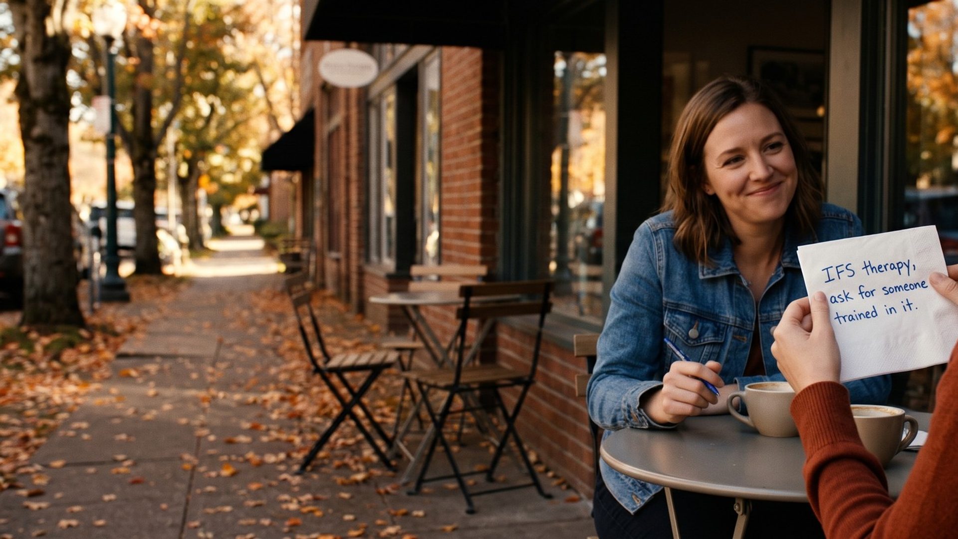 Over a woman's shoulder at an outdoor cafe table on a fall afternoon, she reads a paper napkin that says IFS therapy, ask for someone trained in it, while her friend across the table smiles with a pen in hand