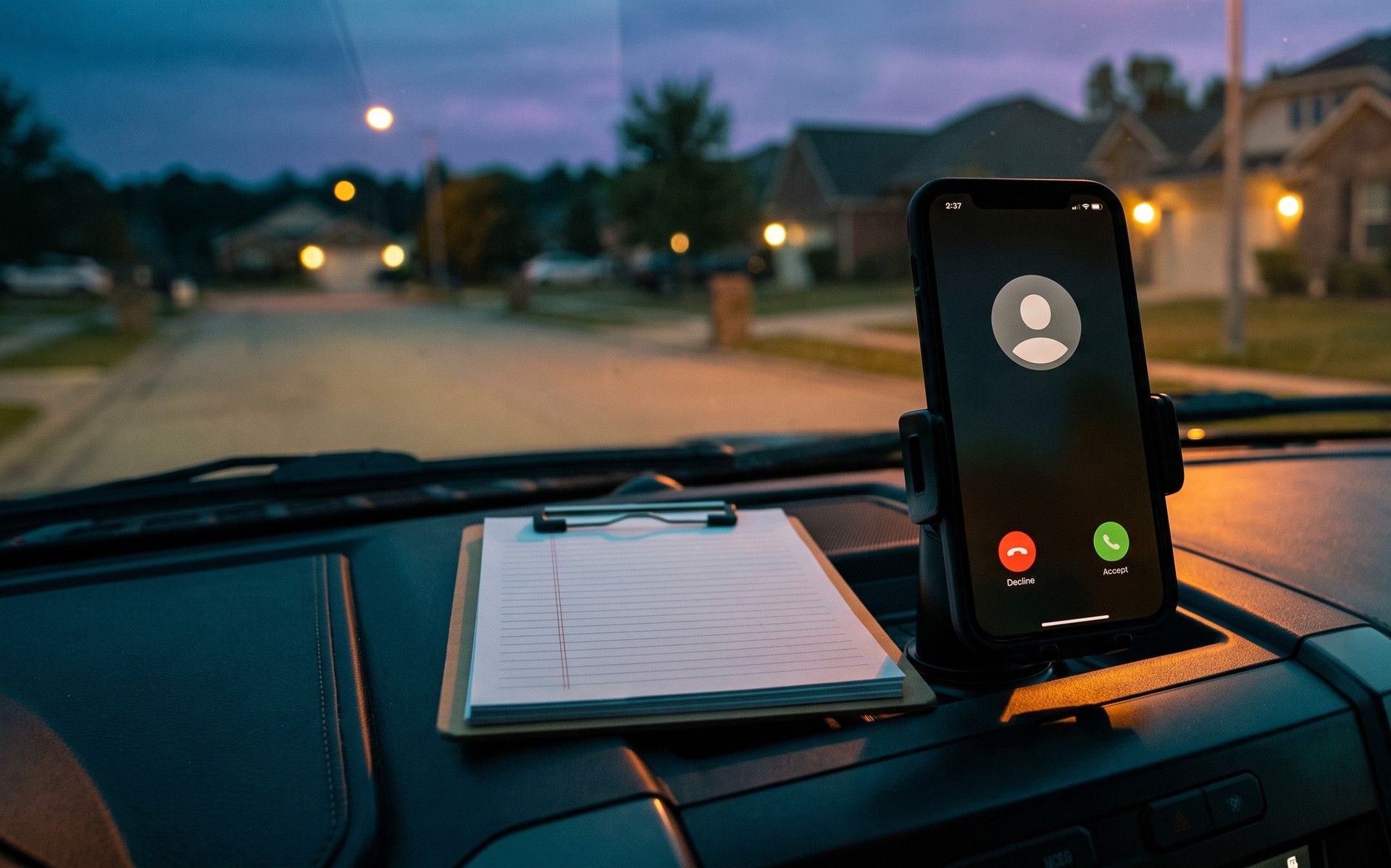 A smartphone in a dashboard mount inside a work truck at dusk showing an incoming call with red decline and green accept buttons, a clipboard of job tickets resting on the dash and a quiet suburban street through the windshield