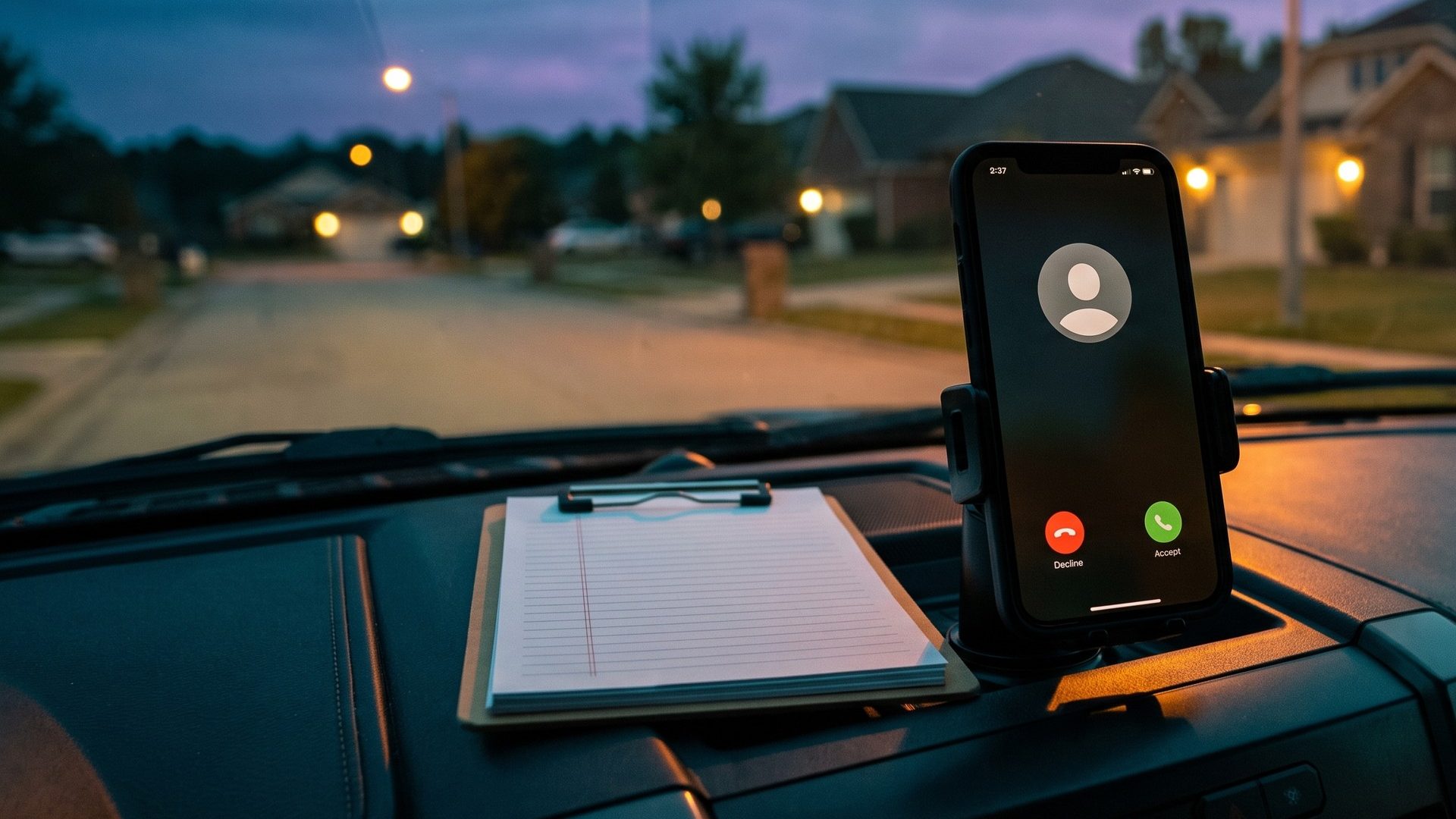 A smartphone in a dashboard mount inside a work truck at dusk showing an incoming call with red decline and green accept buttons, a clipboard of job tickets resting on the dash and a quiet suburban street through the windshield