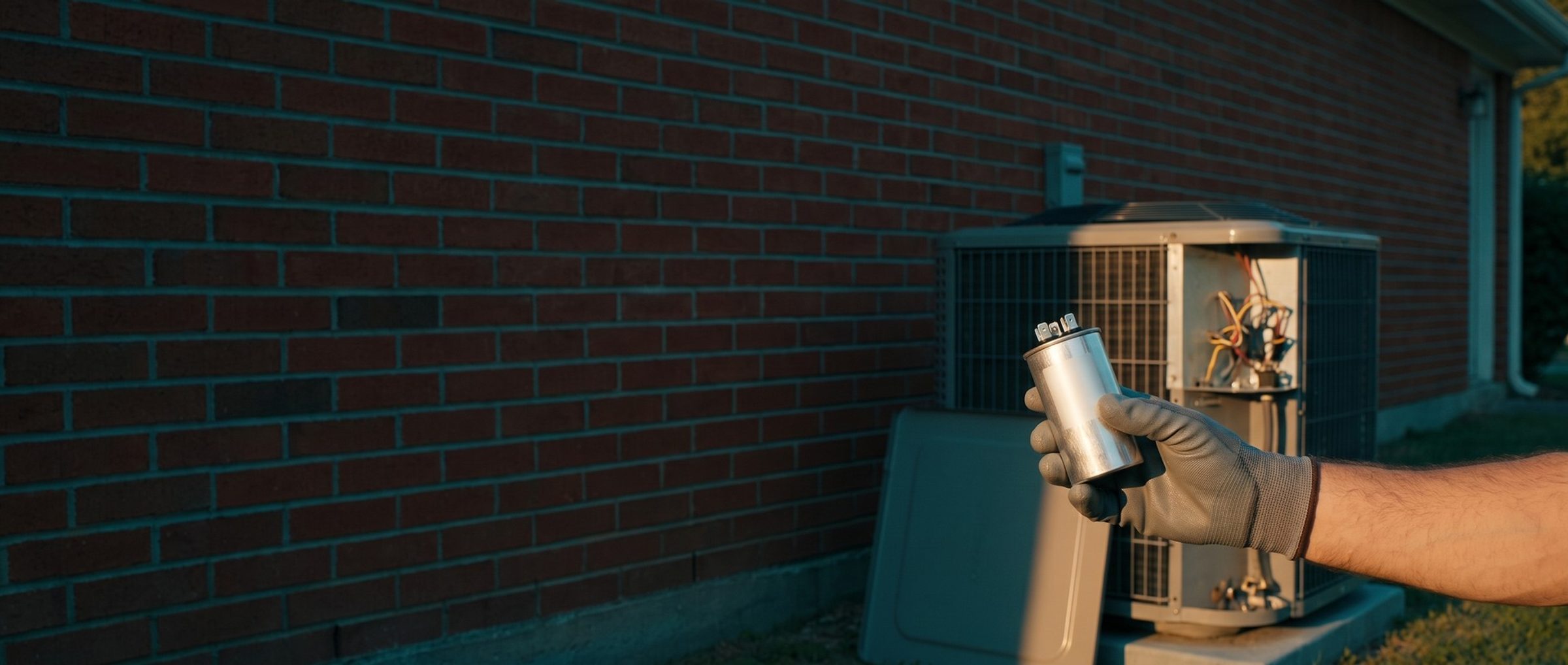 A technician's gloved hand holds up a small silver run capacitor in front of an outdoor air conditioner whose side service panel is off, beside a brick house wall at sunset