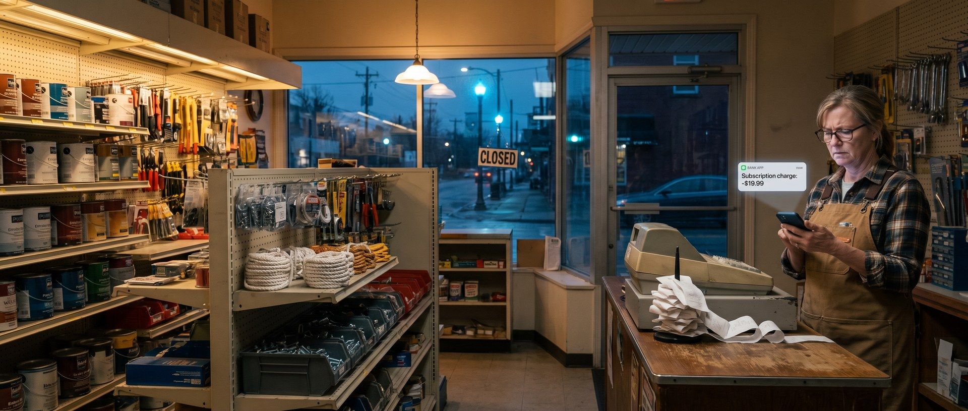 A hardware store owner behind the counter after closing frowns at her phone as a notification shows a subscription charge she did not expect