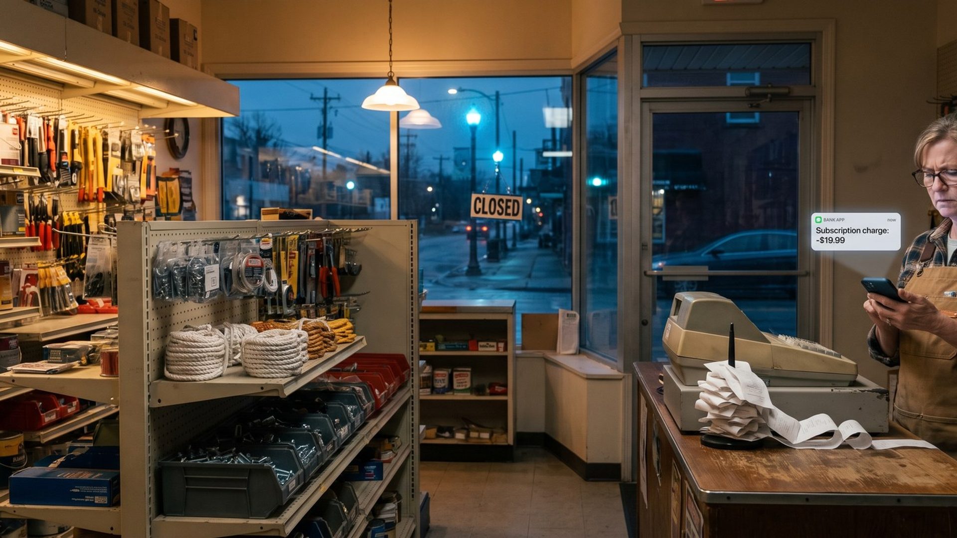 A hardware store owner behind the counter after closing frowns at her phone as a notification shows a subscription charge she did not expect