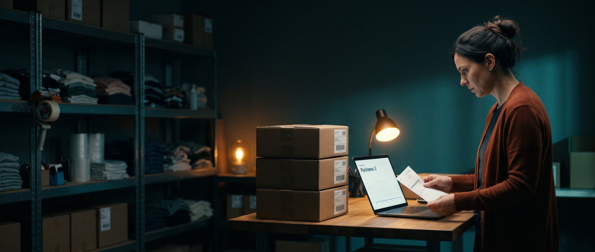 A small online store owner stands at a packing table in her stockroom at night, holding a packing slip next to three labeled shipping boxes while her laptop's analytics report reads Purchases: 0