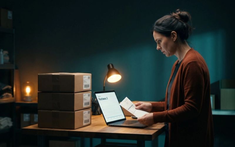 A small online store owner stands at a packing table in her stockroom at night, holding a packing slip next to three labeled shipping boxes while her laptop's analytics report reads Purchases: 0