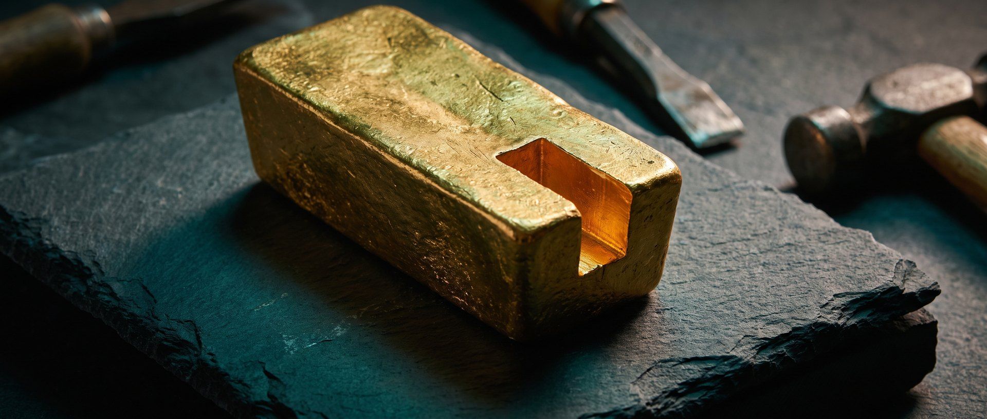 A solid gold ingot on dark stone with a deep clean notch cut out of one end