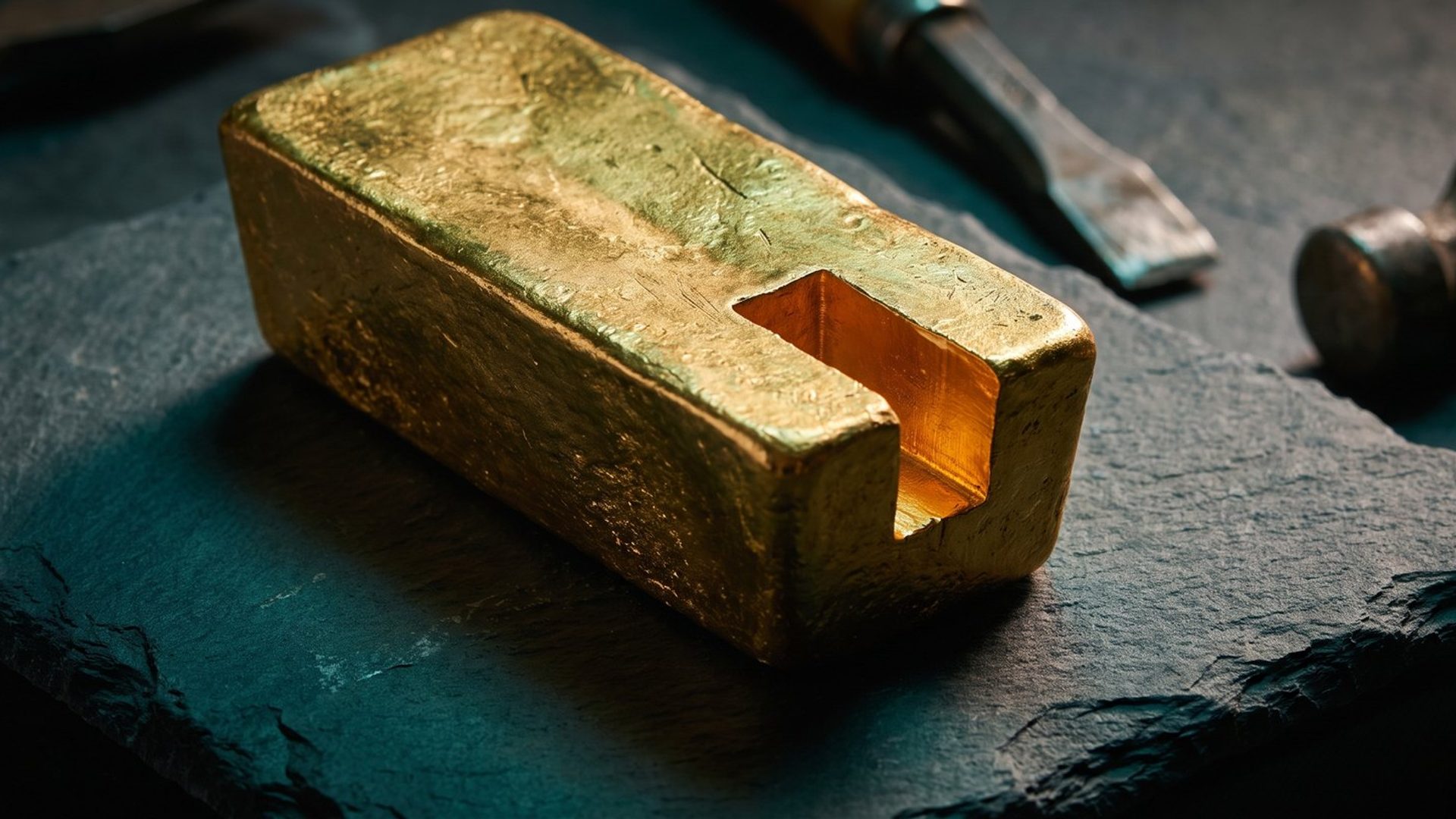 A solid gold ingot on dark stone with a deep clean notch cut out of one end