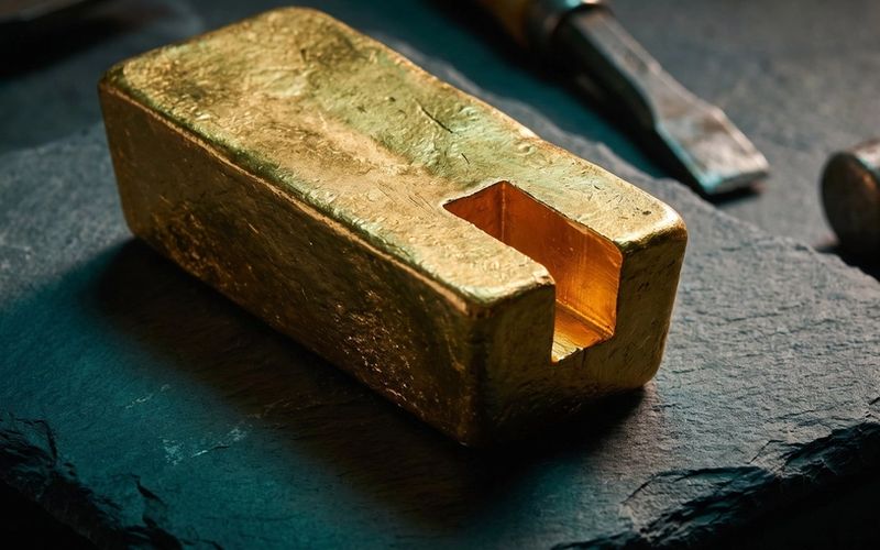A solid gold ingot on dark stone with a deep clean notch cut out of one end