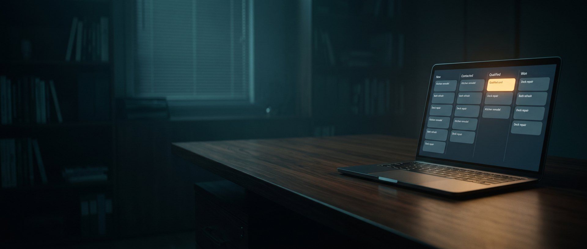 An open laptop on a dark wooden desk at night showing a sales pipeline board with New, Contacted, Qualified and Won columns, every lead card gray except one glowing amber card in the Qualified column.