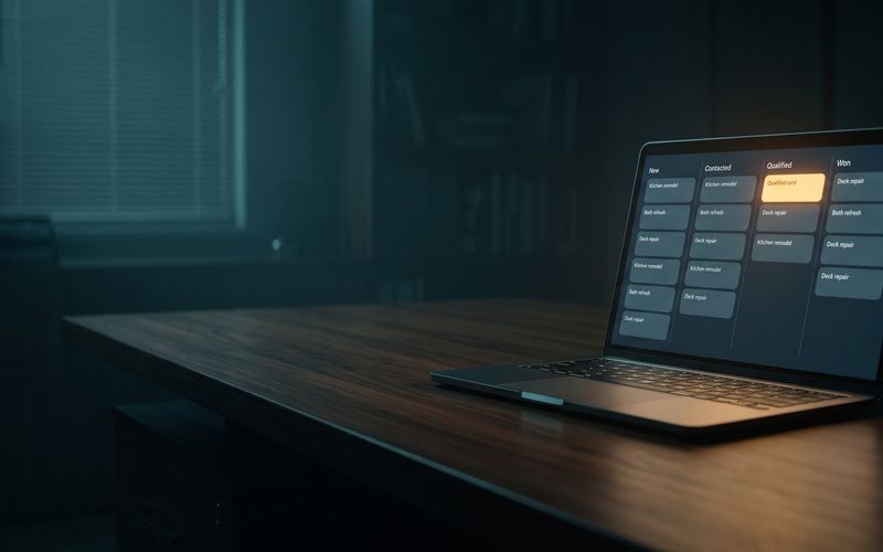 An open laptop on a dark wooden desk at night showing a sales pipeline board with New, Contacted, Qualified and Won columns, every lead card gray except one glowing amber card in the Qualified column.