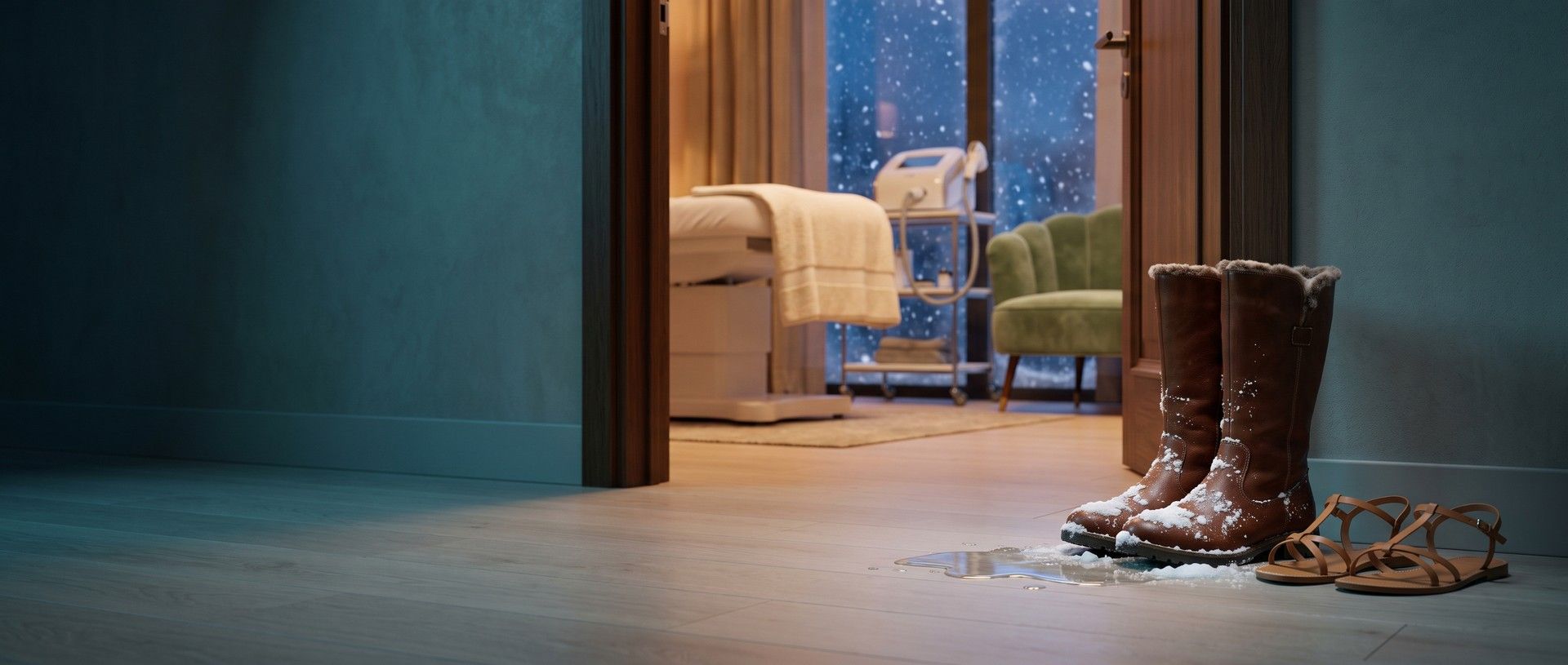 Snow-dusted winter boots beside a pair of summer sandals at the door of a warm med spa laser room, snow falling past the window behind the treatment bed