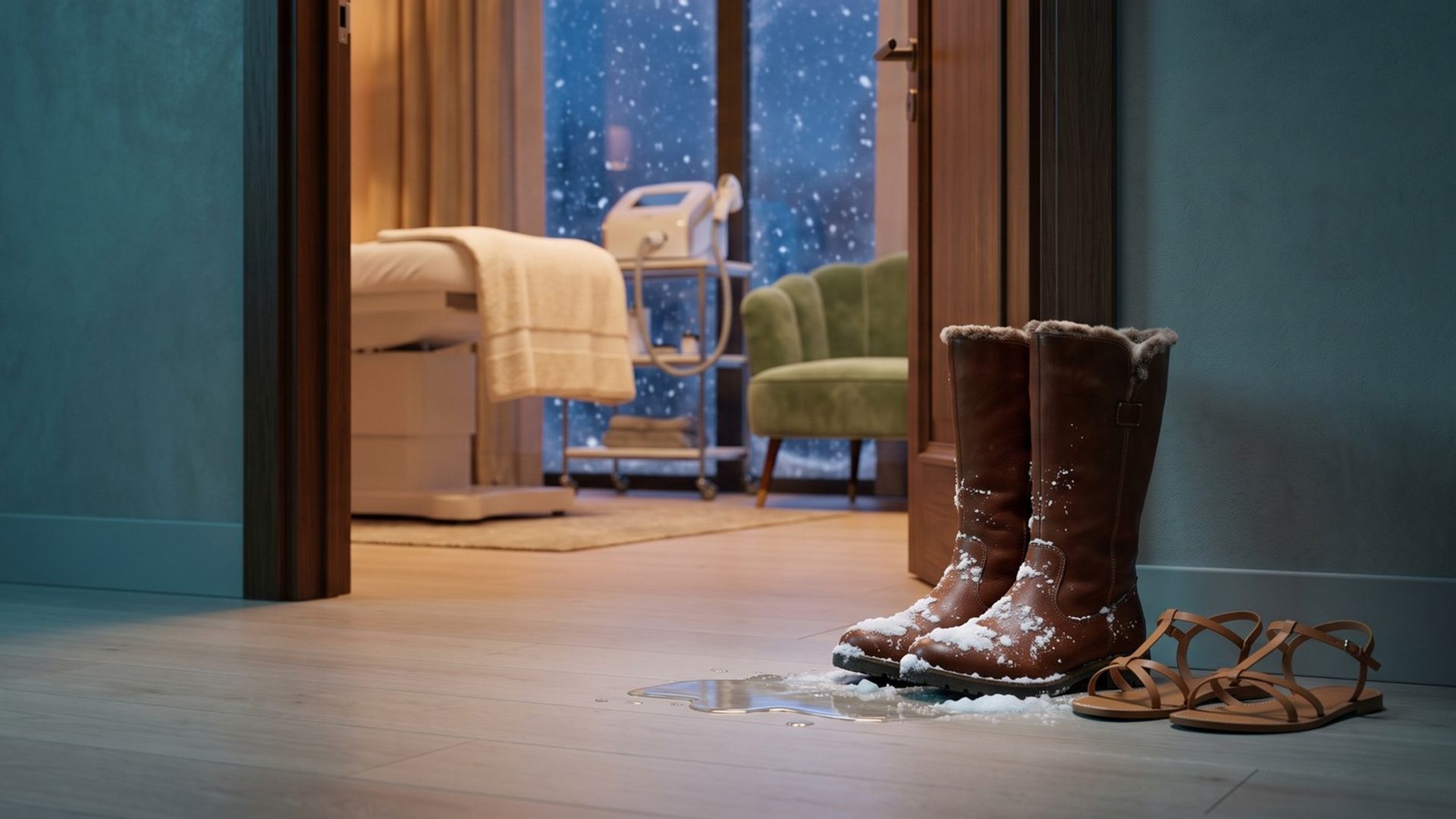 Snow-dusted winter boots beside a pair of summer sandals at the door of a warm med spa laser room, snow falling past the window behind the treatment bed