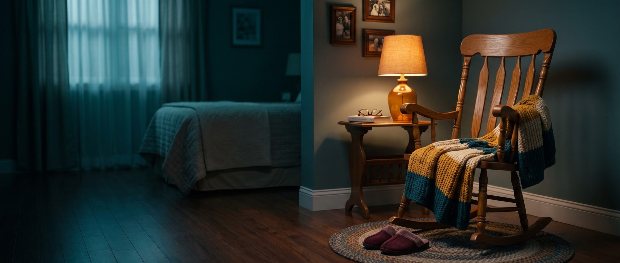 A wooden rocking chair with a striped hand-knitted blanket in a long-term care resident's room, burgundy slippers on a braided rug, a lamp, reading glasses and framed family photos beside it
