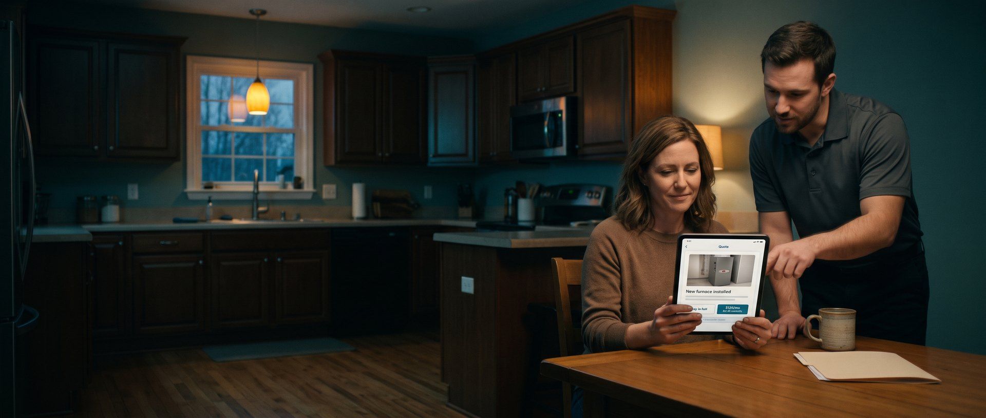 An HVAC comfort advisor in a gray work polo leans over a kitchen table in the evening and points to a tablet the homeowner is holding, which shows a new furnace quote with a pay-in-full option and a monthly payment option.