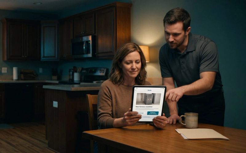 An HVAC comfort advisor in a gray work polo leans over a kitchen table in the evening and points to a tablet the homeowner is holding, which shows a new furnace quote with a pay-in-full option and a monthly payment option.